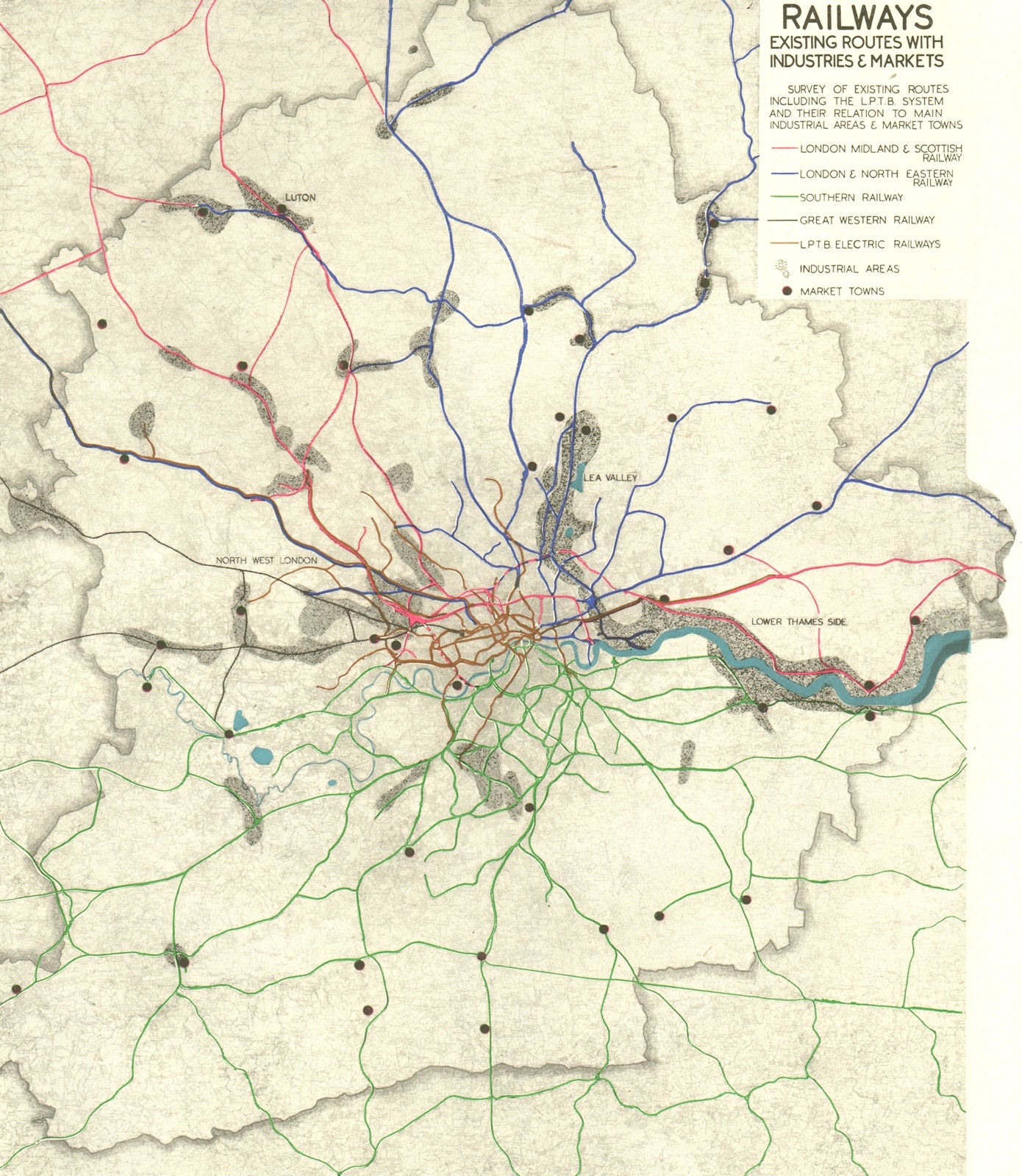GREATER LONDON. Railways routes. Industries Markets.ABERCROMBIE 1944 old map